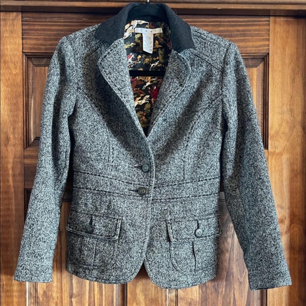 CAbi Riding Blazer Gray Tweed with Black Collar size 2